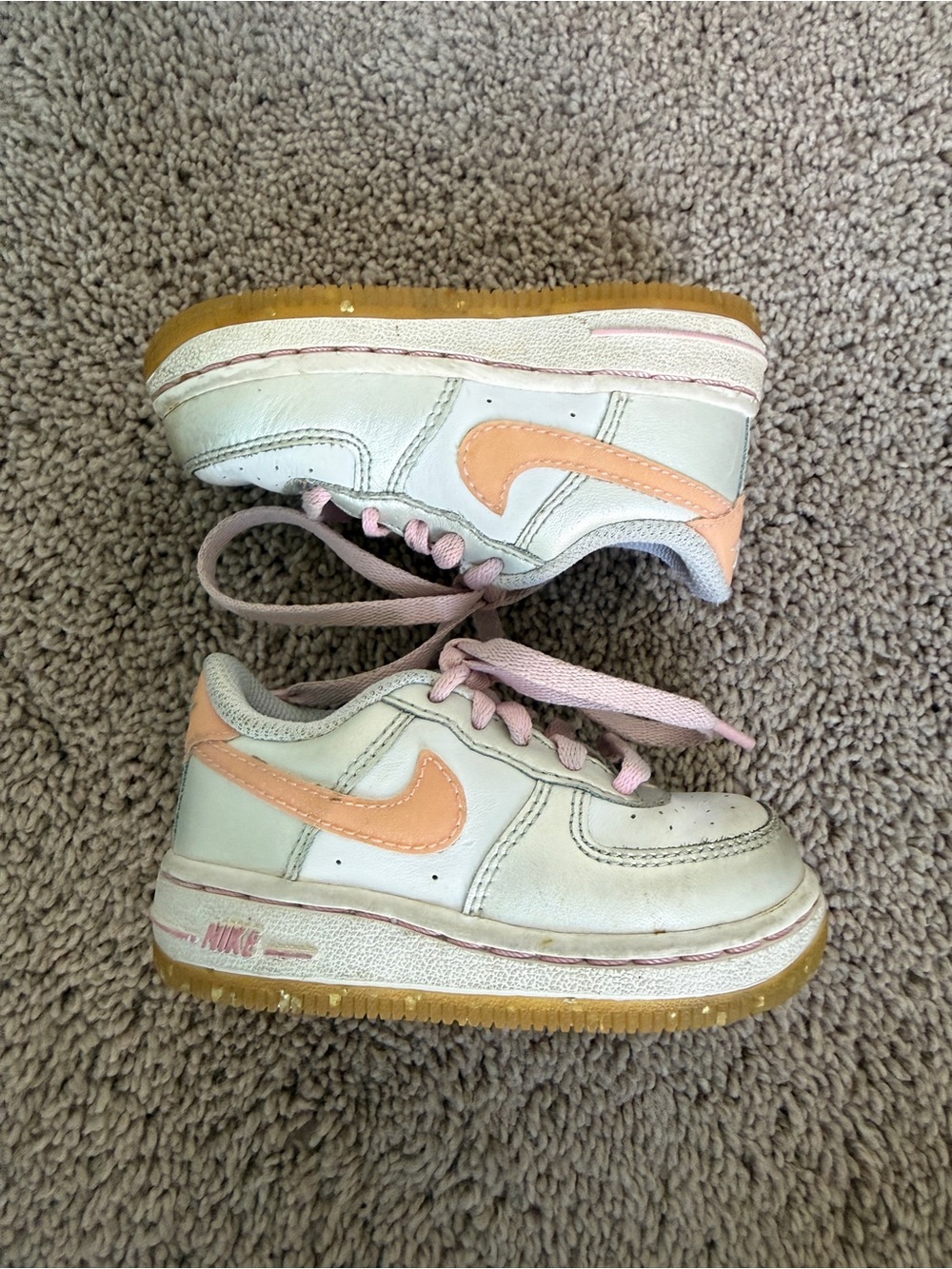 Nike Kids heart White Sneakers with Peach Swoosh and Pink Laces valentines 5C